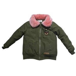 Buffalo David Bitton Girls 4T Olive Bomber Jacket Pink Faux Fur Collar